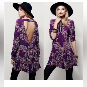 Free People Boho Open Back Floral Mini Tunic Dress with pockets size M